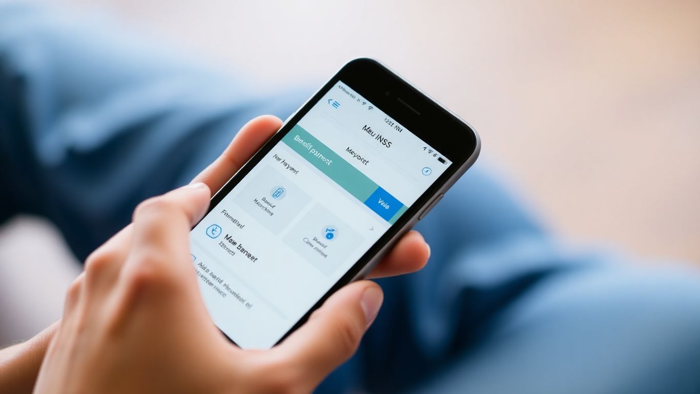 Mãos segurando celular com portal Meu INSS