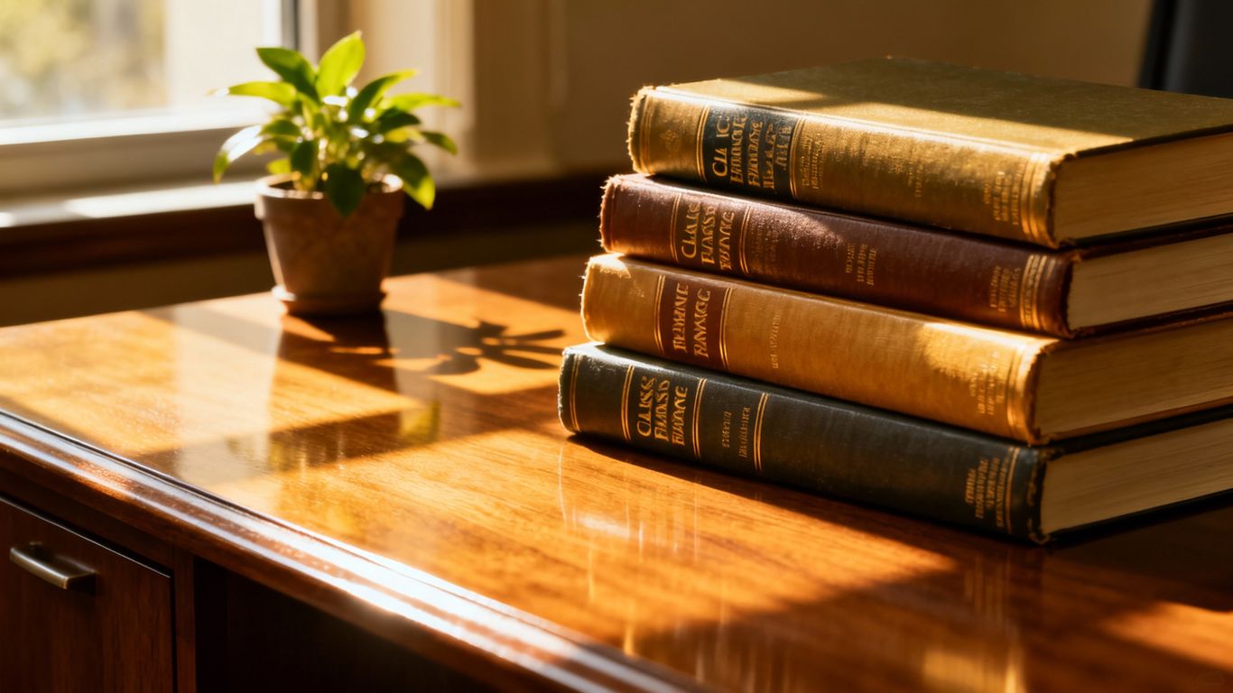Stack of finance books on a wooden desk.