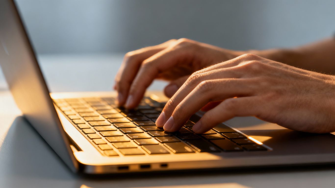 Person typing on a laptop, natural light.