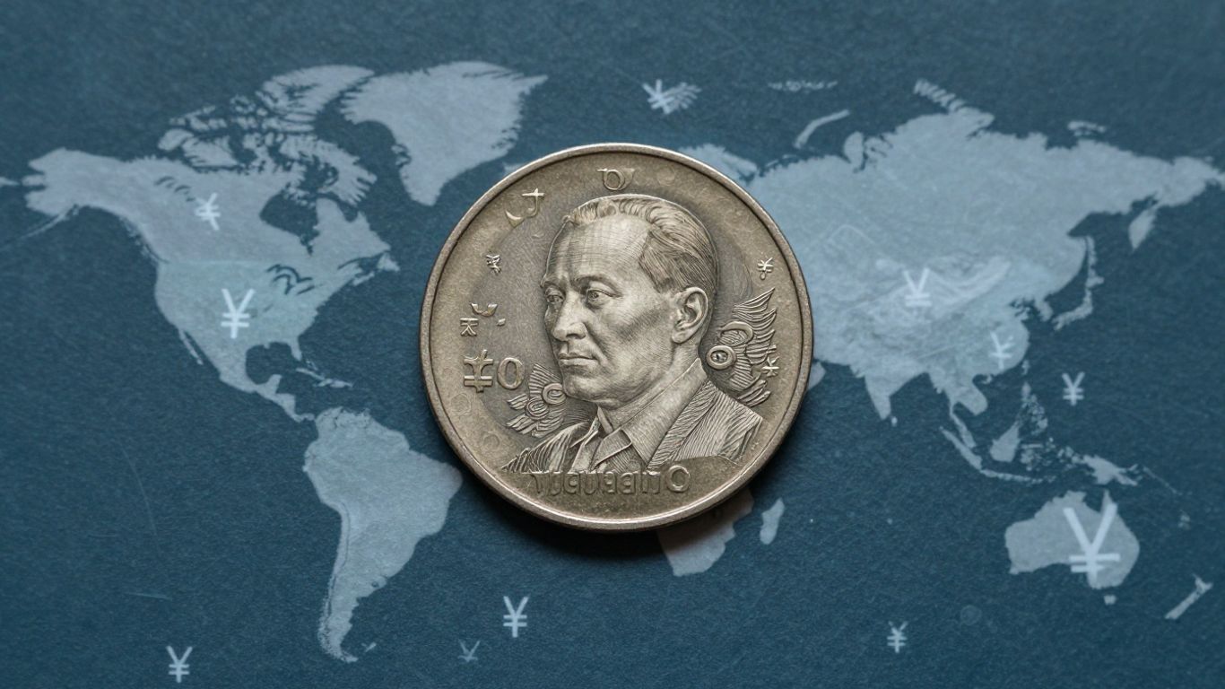 Thai Baht coin on a world map with currency symbols.