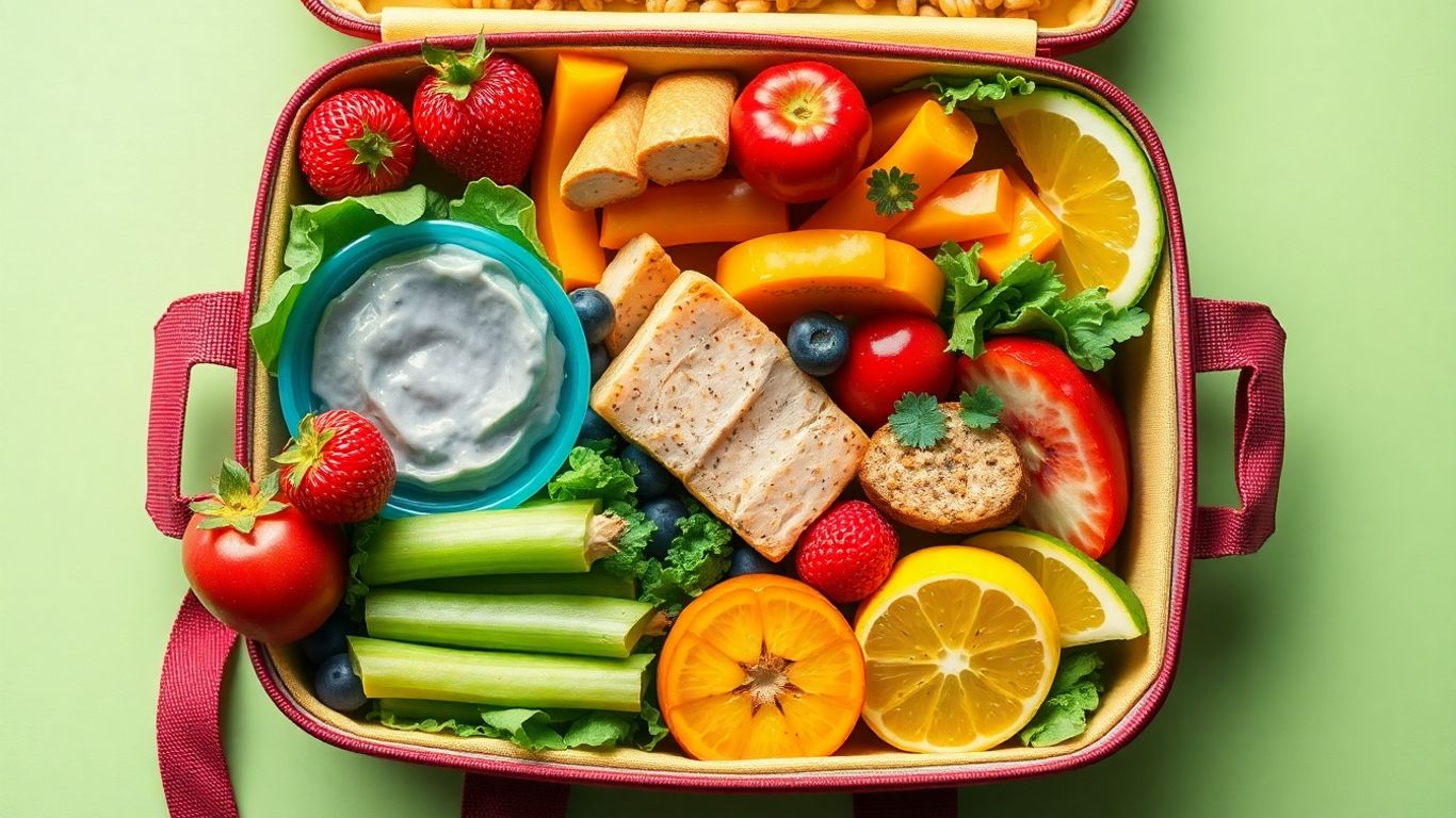 Healthy lunchbox with colorful fruits, vegetables, and protein.