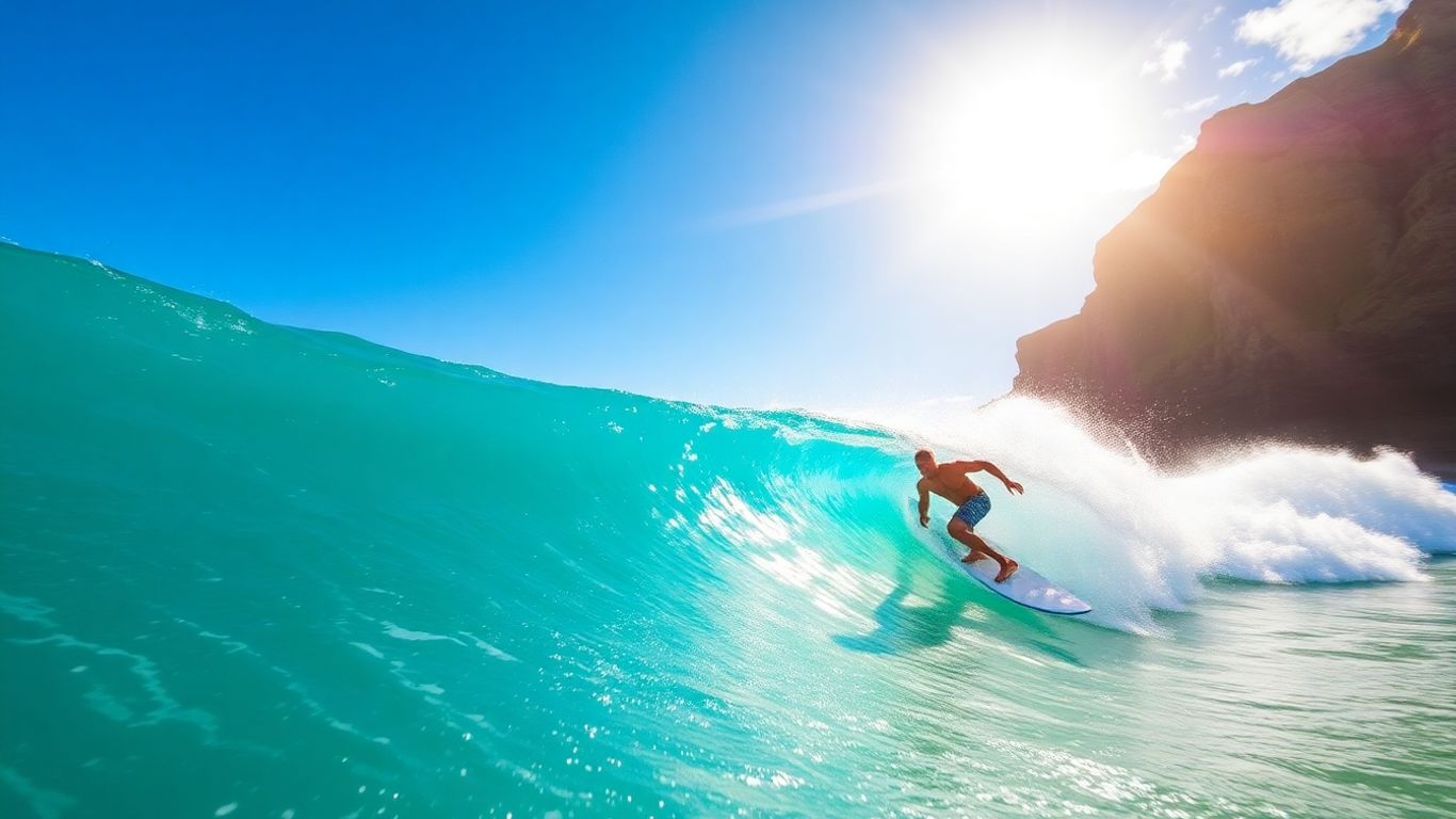 Surfer riding a wave in Hawaii