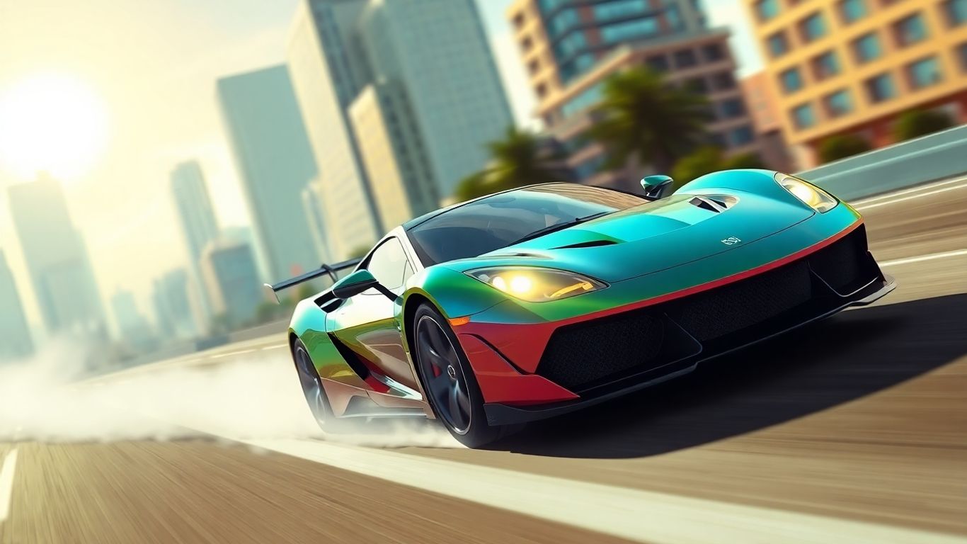 3D sports car racing through a city street.