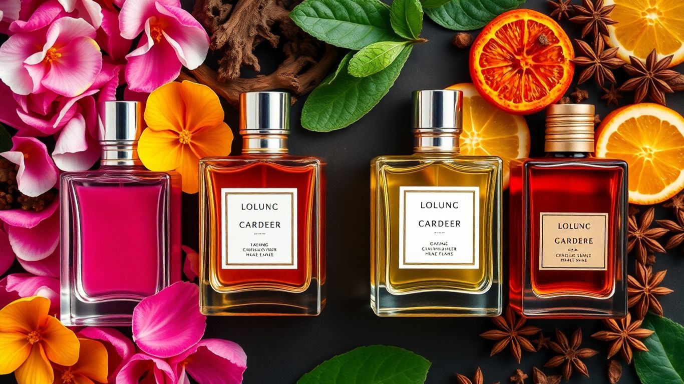 Perfume bottles with visual cues for woody, floral, citrus, and oriental scents.