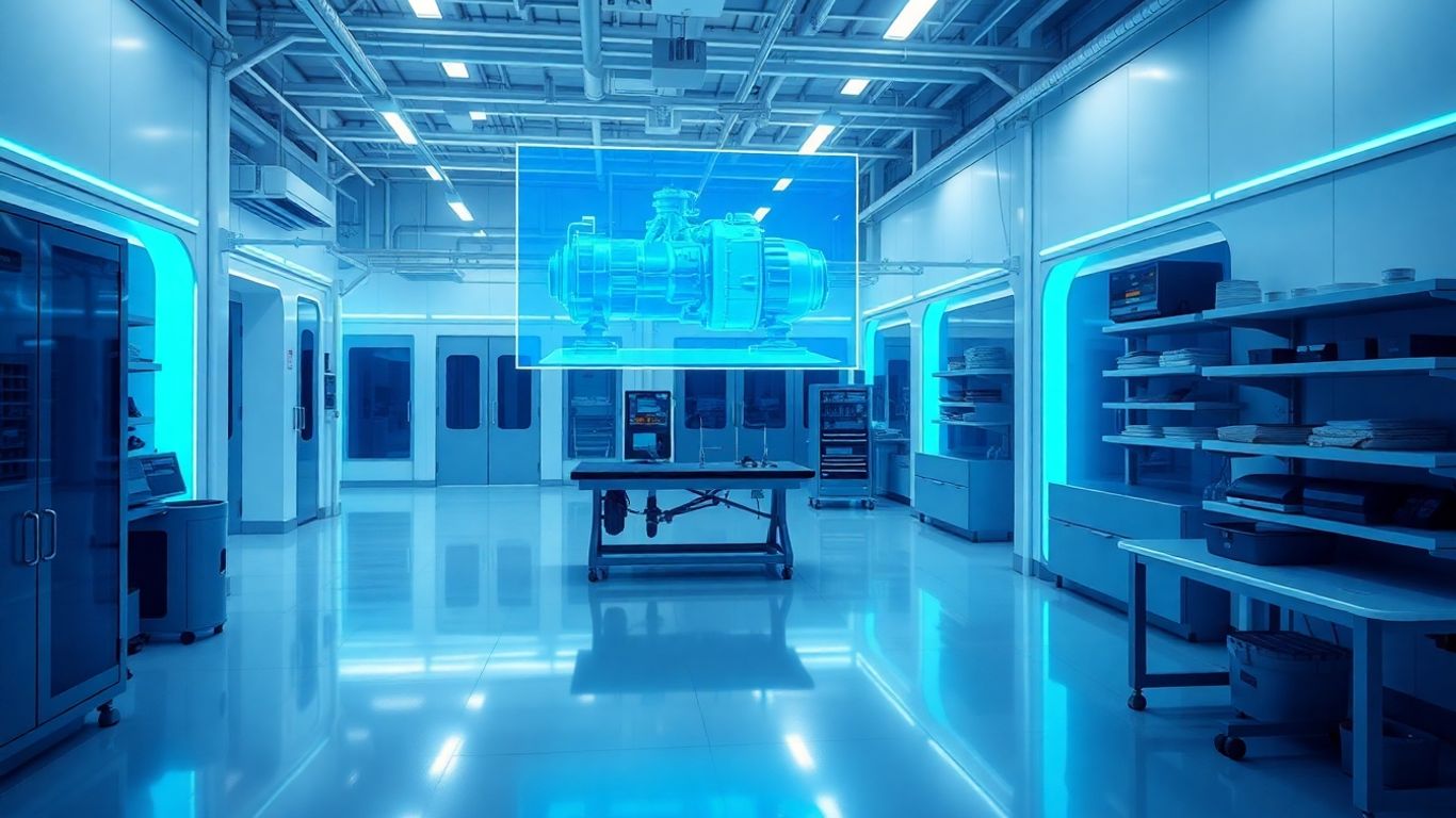 Digitale Zwillinge in einer modernen Fabrik mit blauen Akzenten.