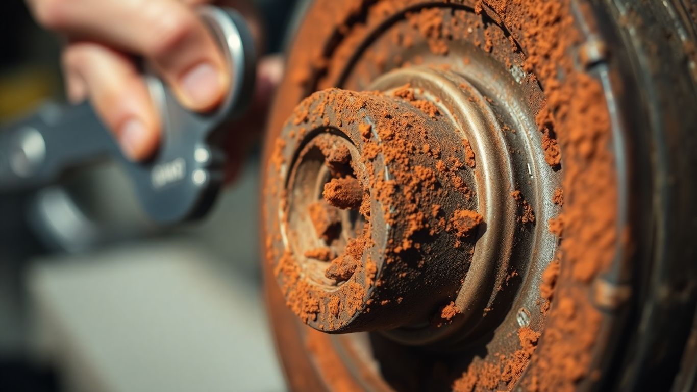 Rusted metal hub with a hand holding a wrench.