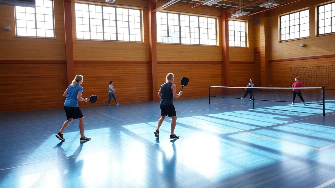 Indoor pickleball court with players in action.