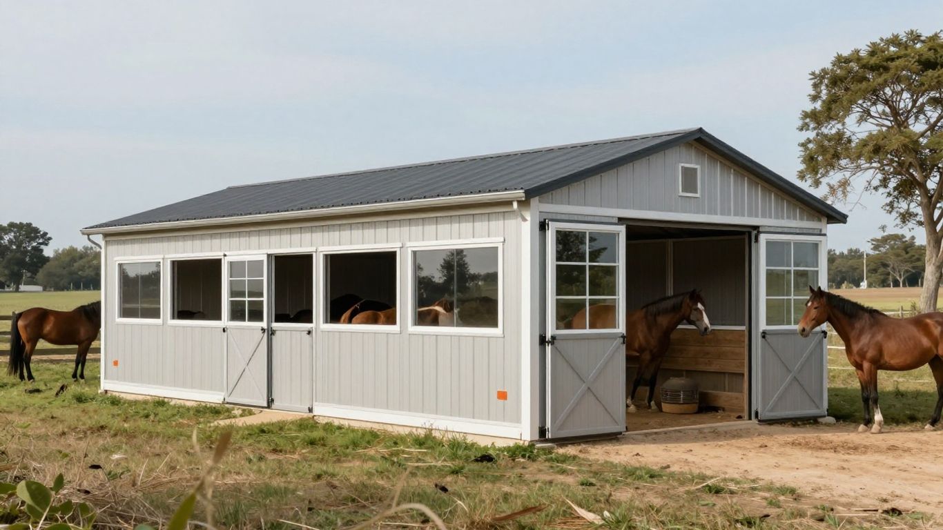 Portable breeding barn with horses in a rural setting.