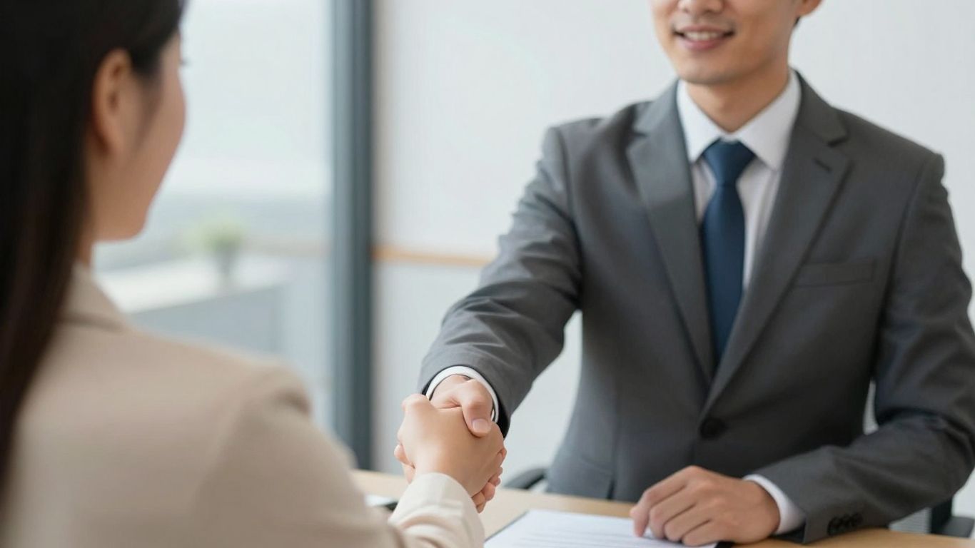 Professioneel geklede persoon schudt hand in sollicitatiegesprek.