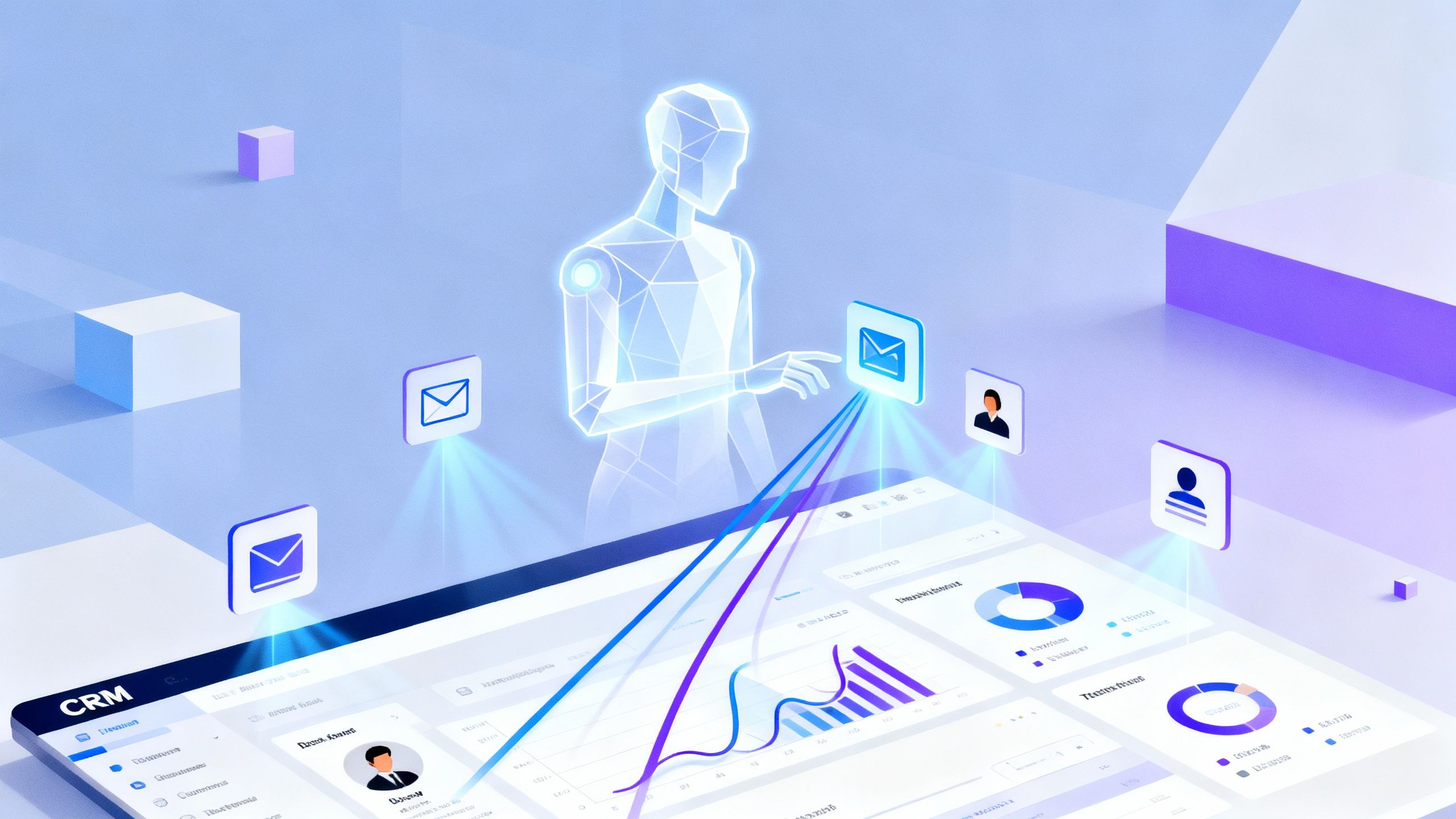 Abstract visualization of digital assistant automating daily CRM tasks