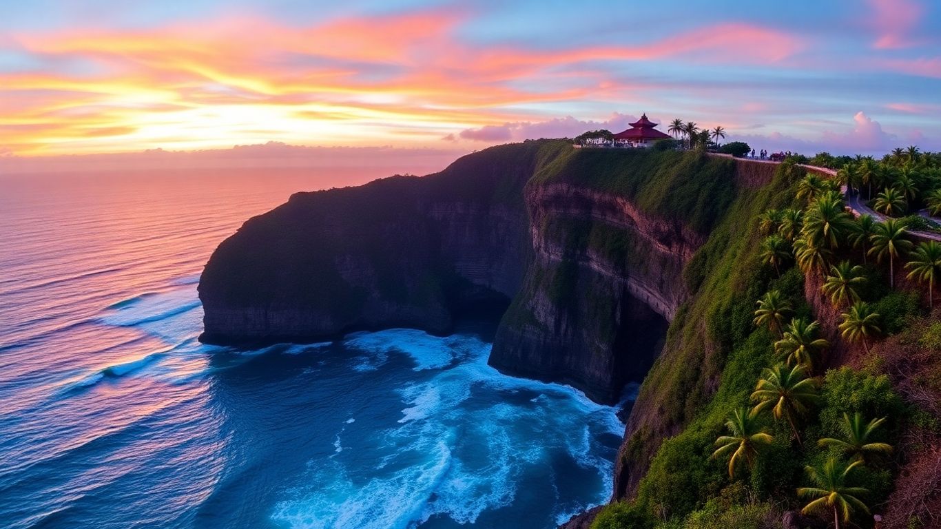 Uluwatu cliffside sunset with crashing waves.