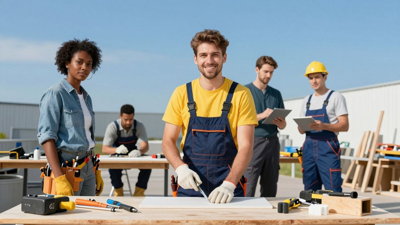 Diverse tradies working in a modern workshop.