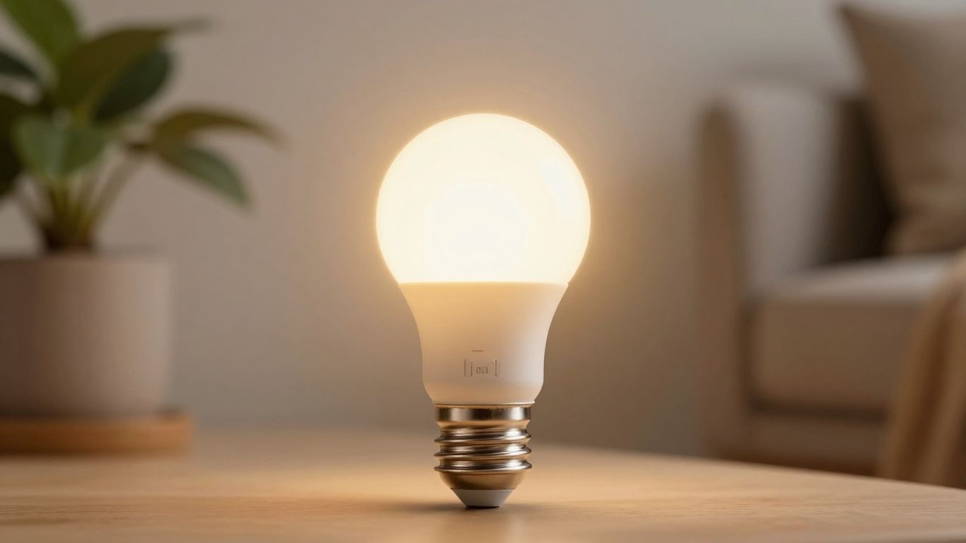 A glowing 8w LED bulb illuminating a cosy room.