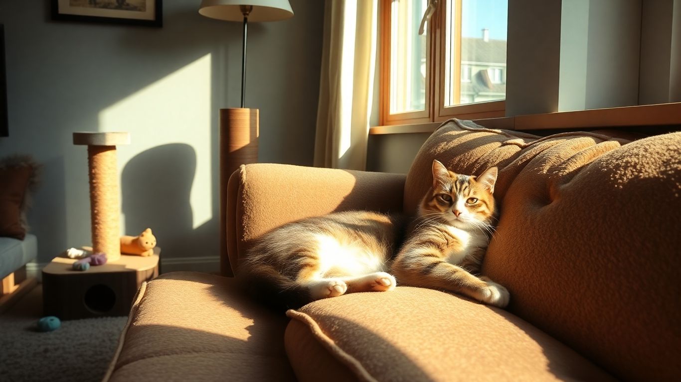 Cat relaxing in a sunlit, comfortable living room.