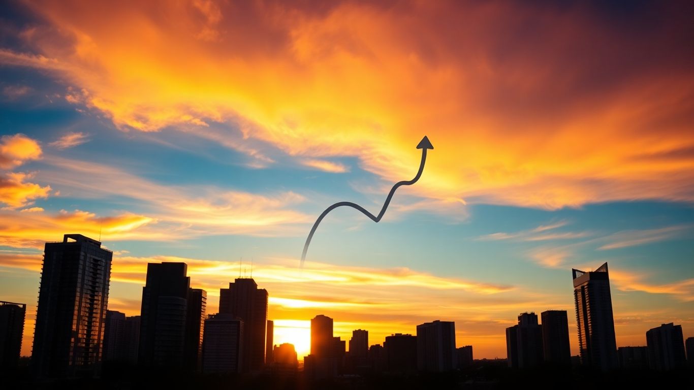 Australian cityscape at dusk with abstract growth symbol.