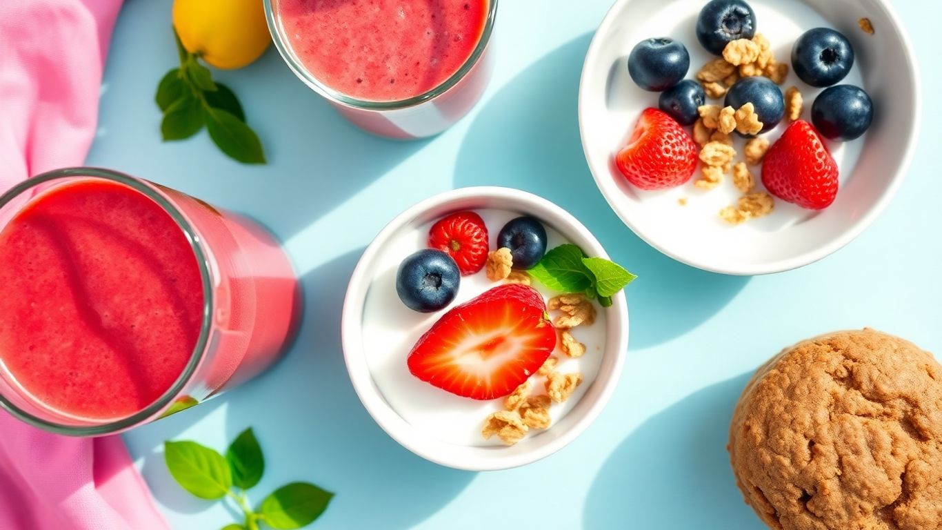 Healthy on-the-go breakfast options with smoothie and yogurt bowl.