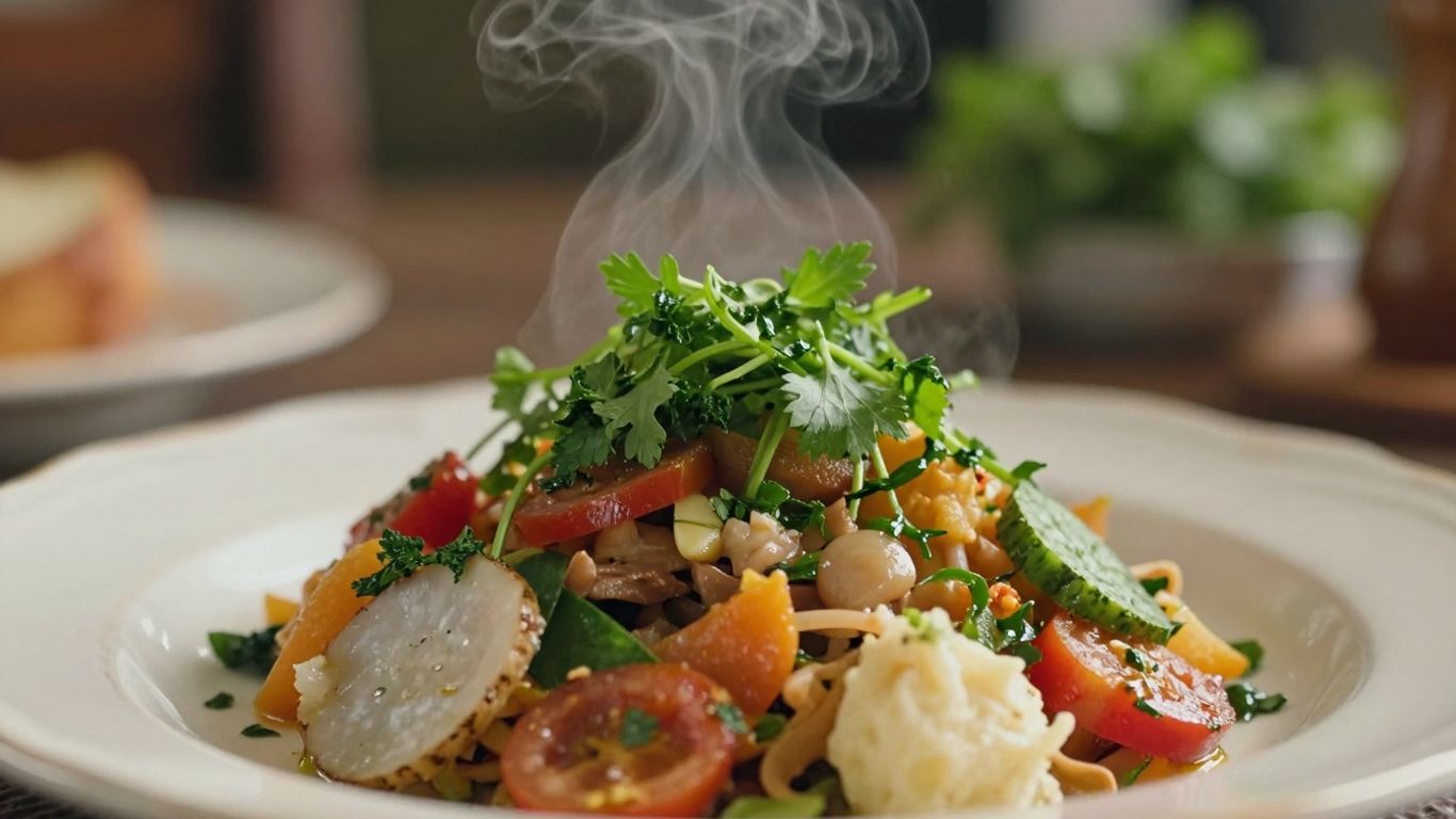 Farfurie elegantă cu mâncare gourmet, aburindă și proaspătă.
