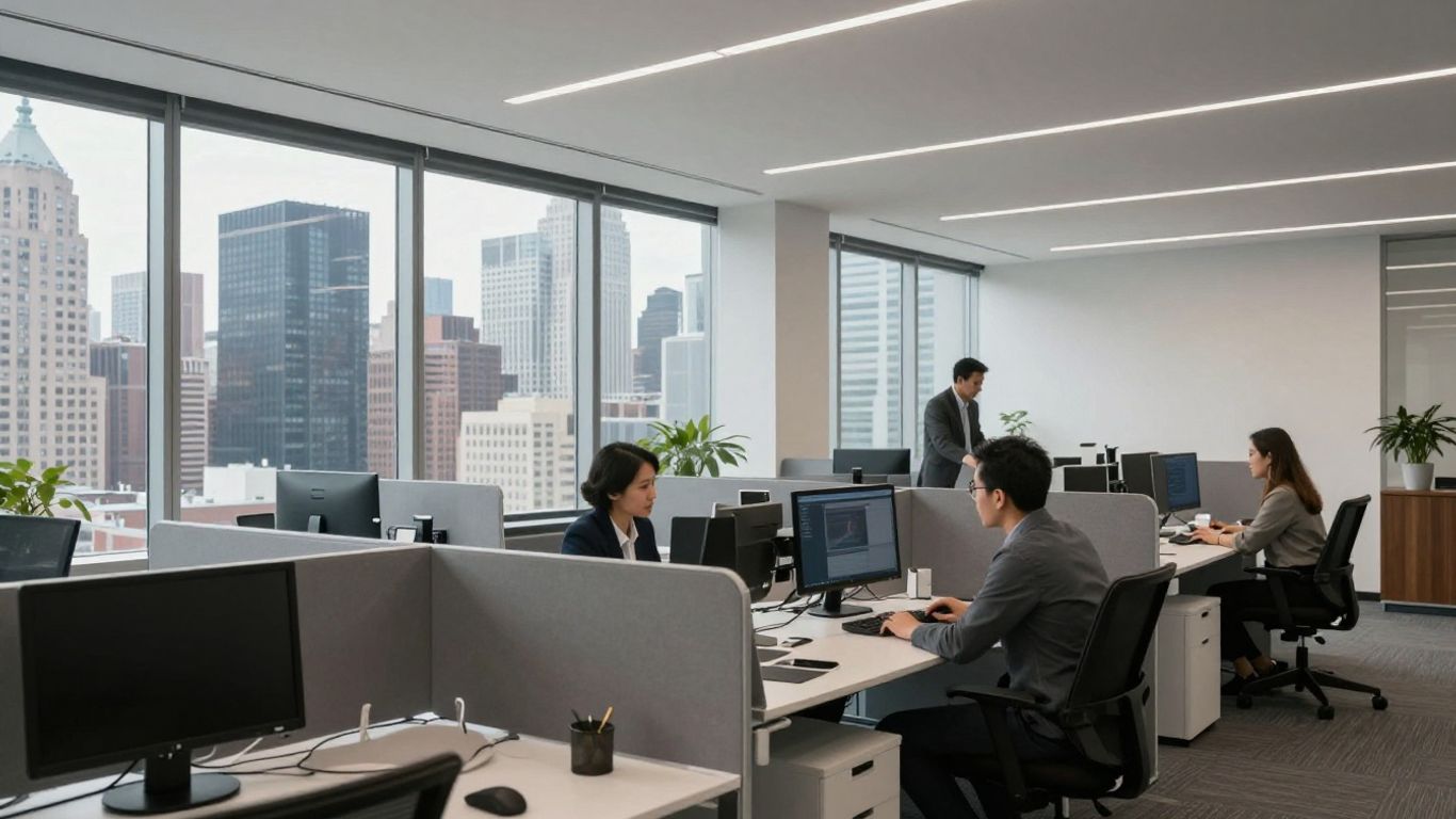 Chainalysis NYC office with skyline view and employees.