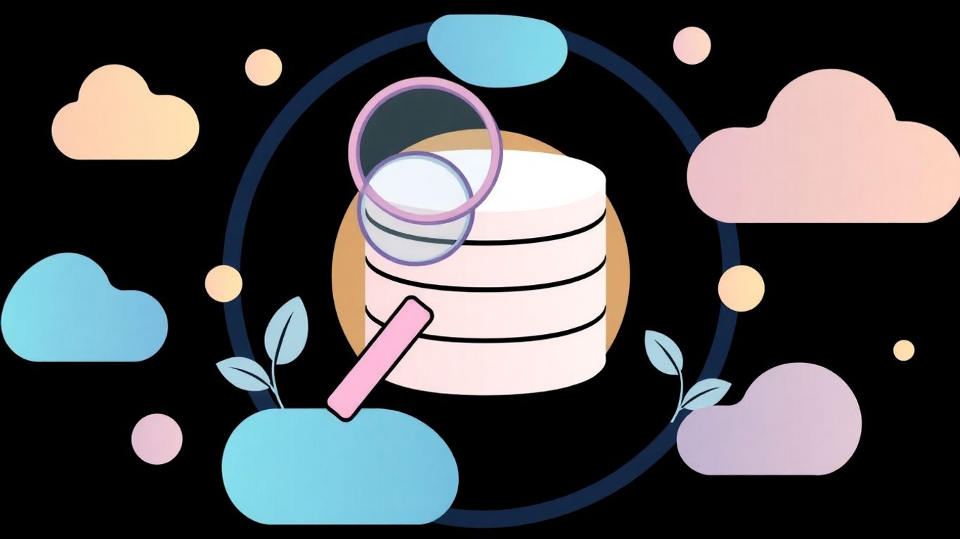 Database icon with magnifying glass and abstract shapes.