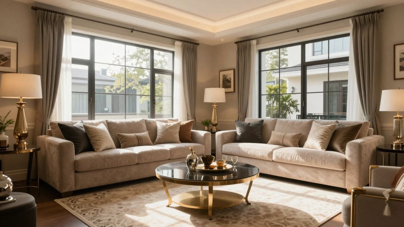 Luxurious Airbnb interior design with stylish furniture and warm lighting.