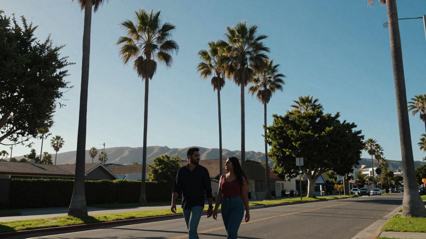 Riverside, California street scene with palm trees and distant hills.