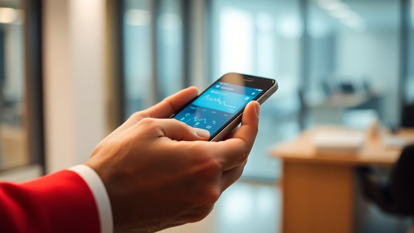Hand holding smartphone with digital interface