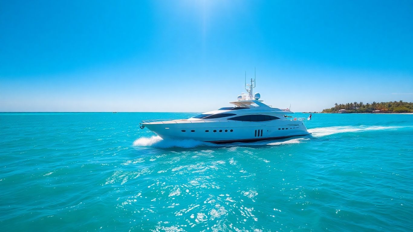 Luxury yacht sailing on clear blue ocean water.