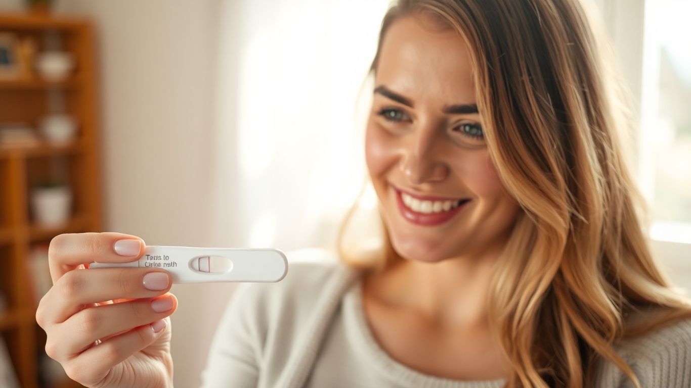 Mulher segura teste de gravidez com sorriso esperançoso.