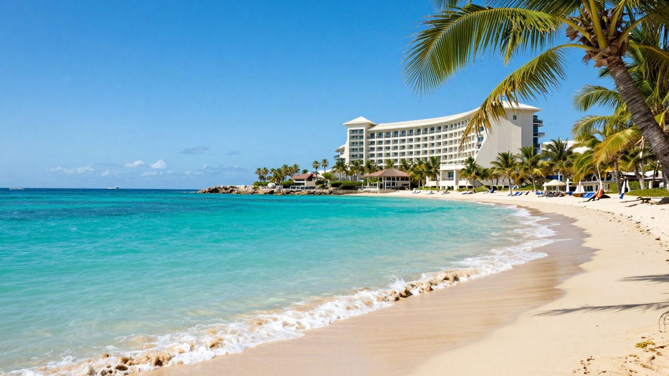Luxe hotel aan een zonnig strand met helder water.