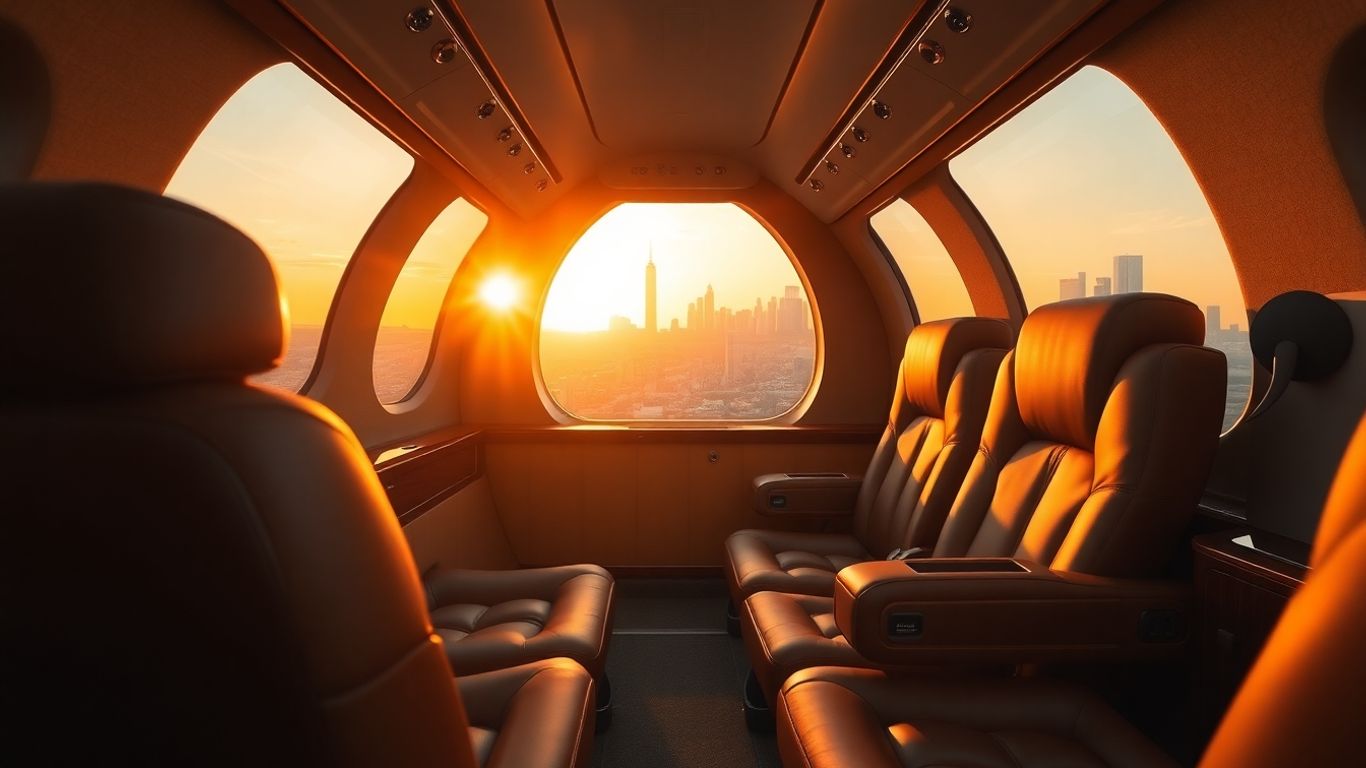 Luxurious private jet interior with city skyline view.