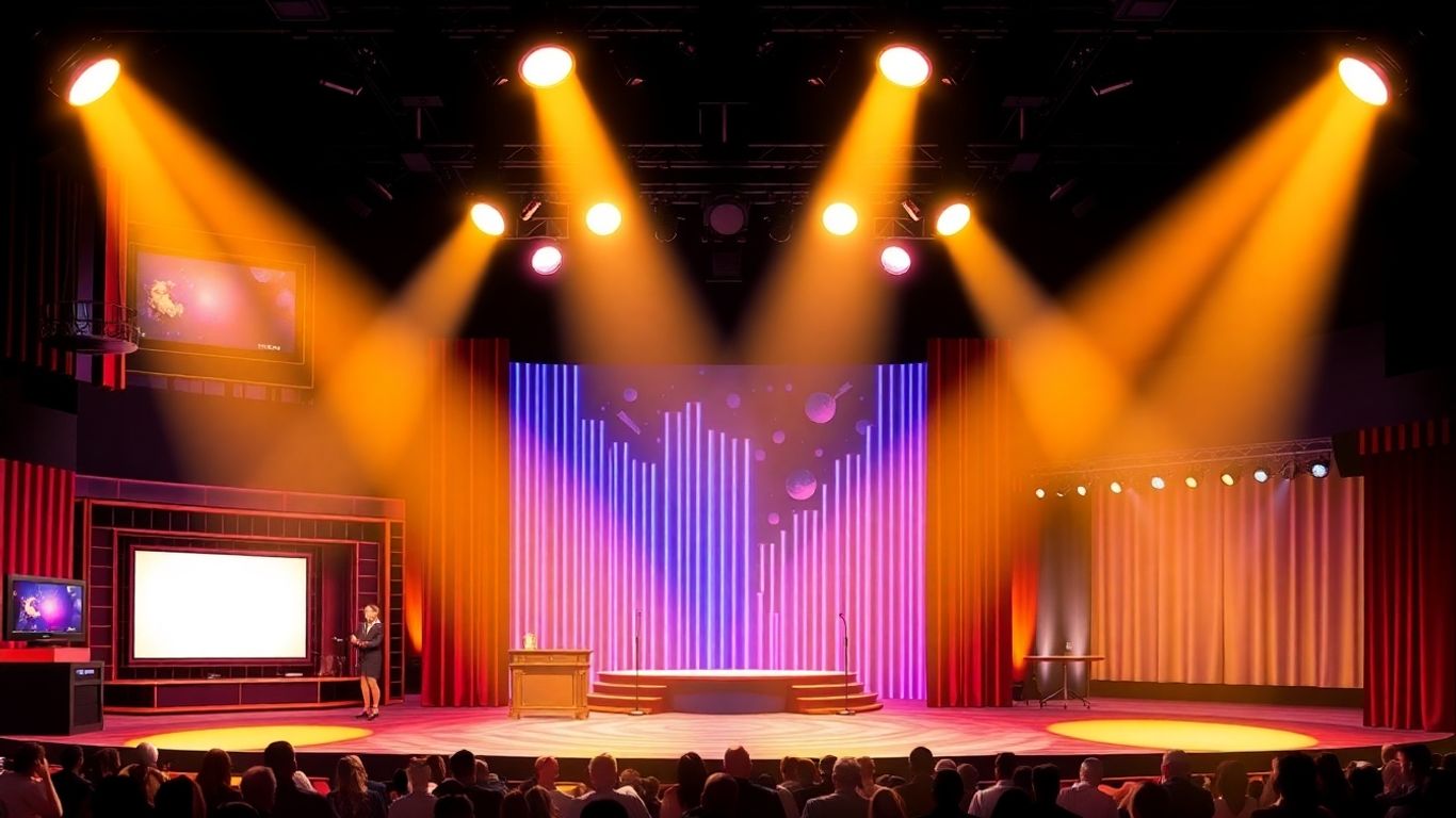 Comedy club stage with spotlights and abstract patterns.