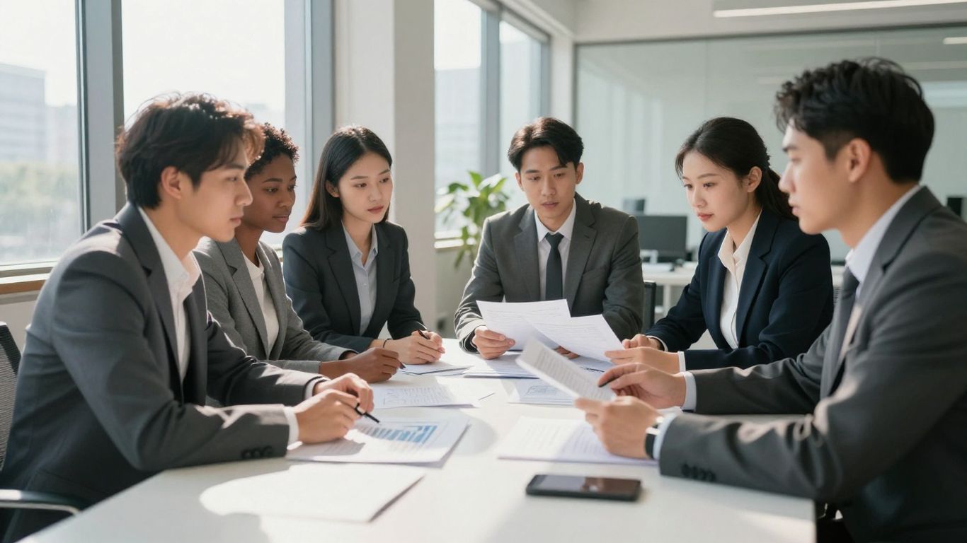 Business professionals discussing financial strategy