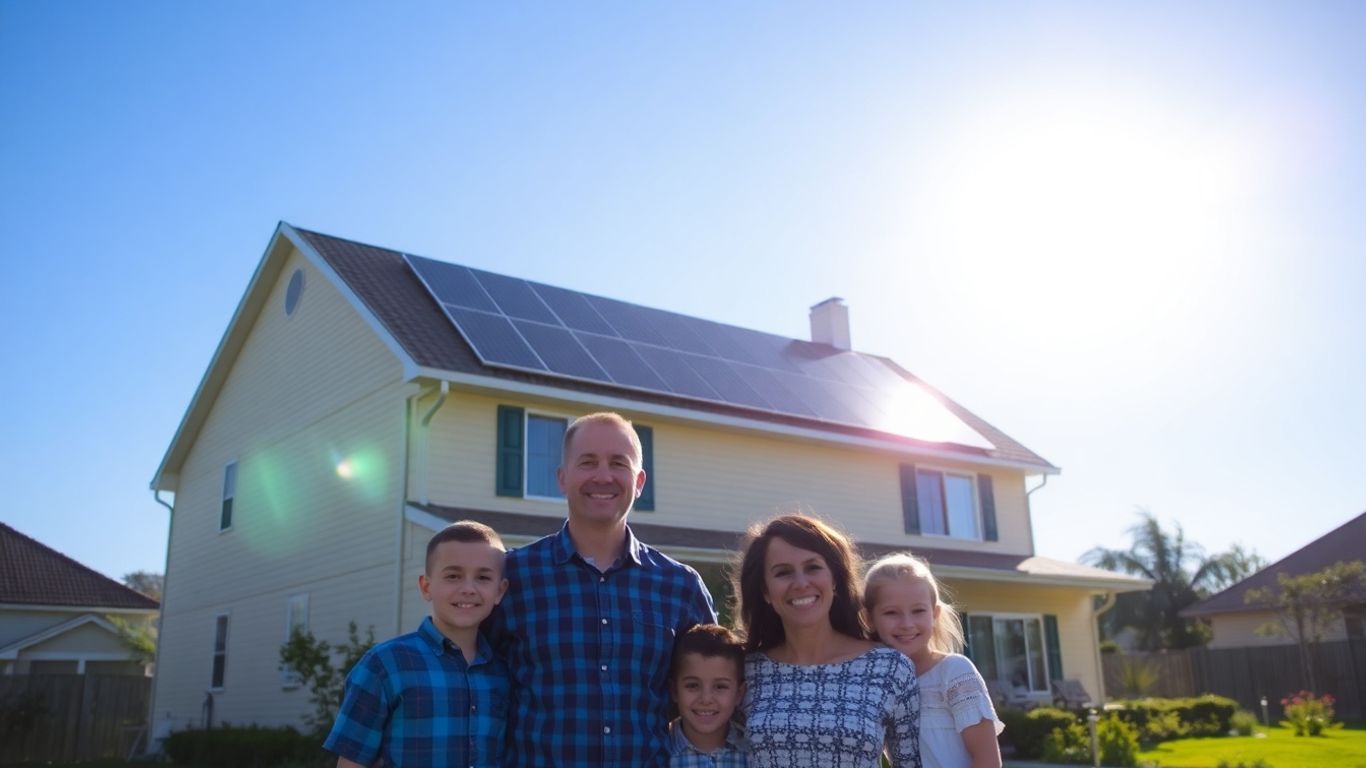 House with solar panels and happy family.