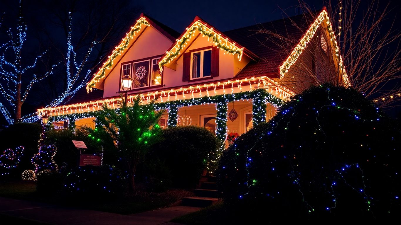Festive house illuminated with Christmas lights