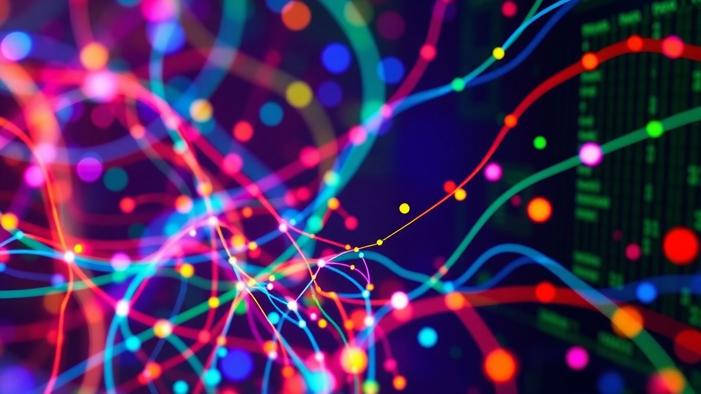 Colorful data points and flowing lines in a photographic composition.