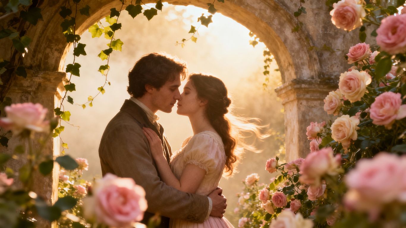 Couple embracing in a romantic, softly lit setting.