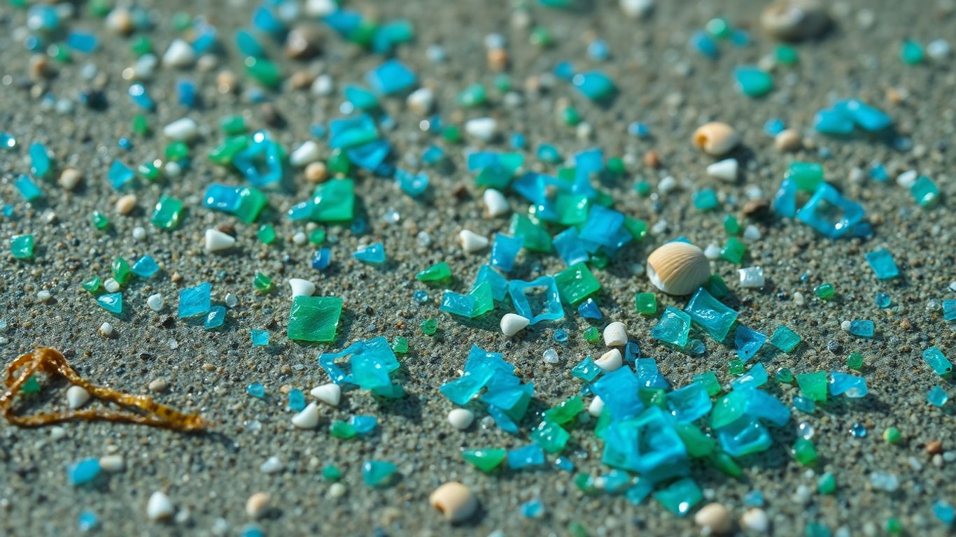 Microplastics littering a seabed with seaweed.