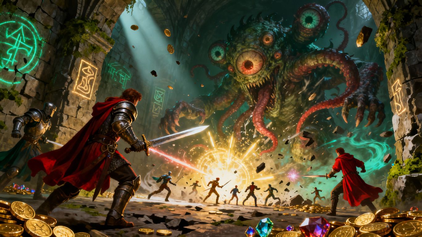 Adventurers fight a giant monster in a dungeon.