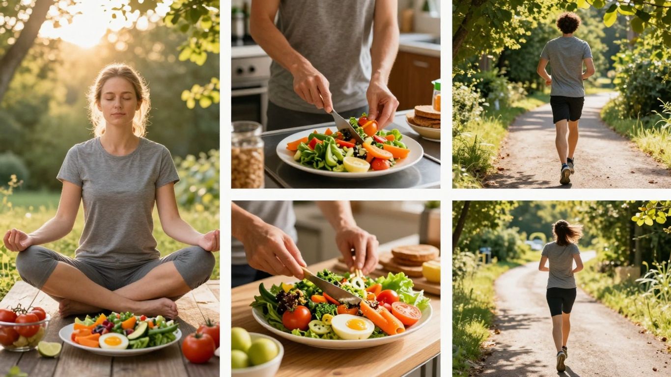 Persoană meditează, gătește sănătos și aleargă în natură.