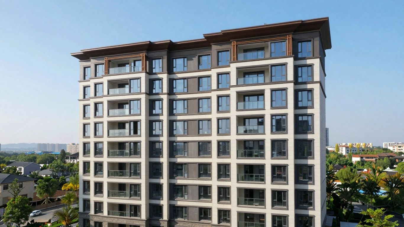 Edificio residencial moderno con paisaje verde.