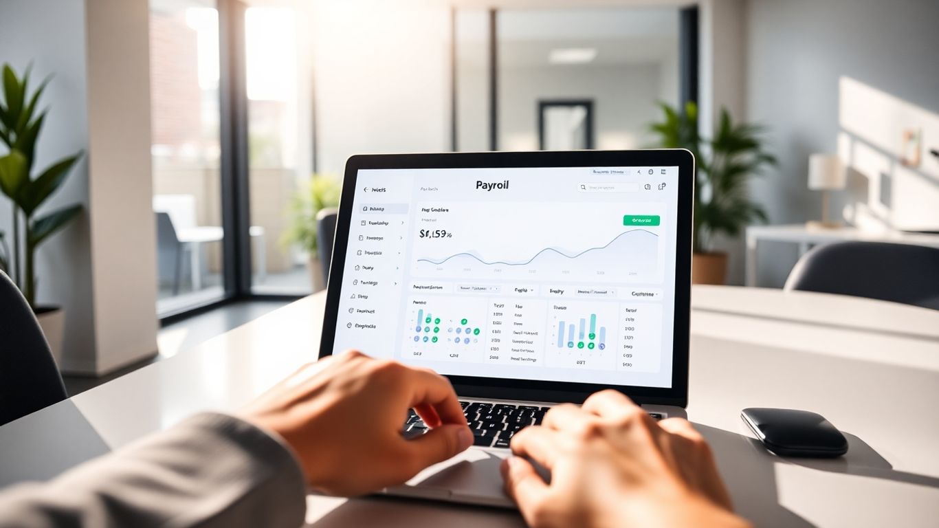 Modern office with payroll software on laptop.