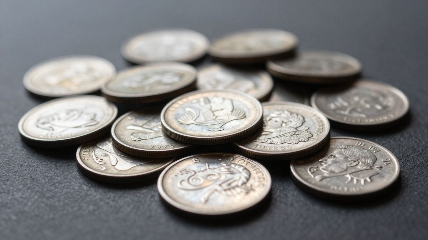 Silver coins piled on a dark surface, catching the light.