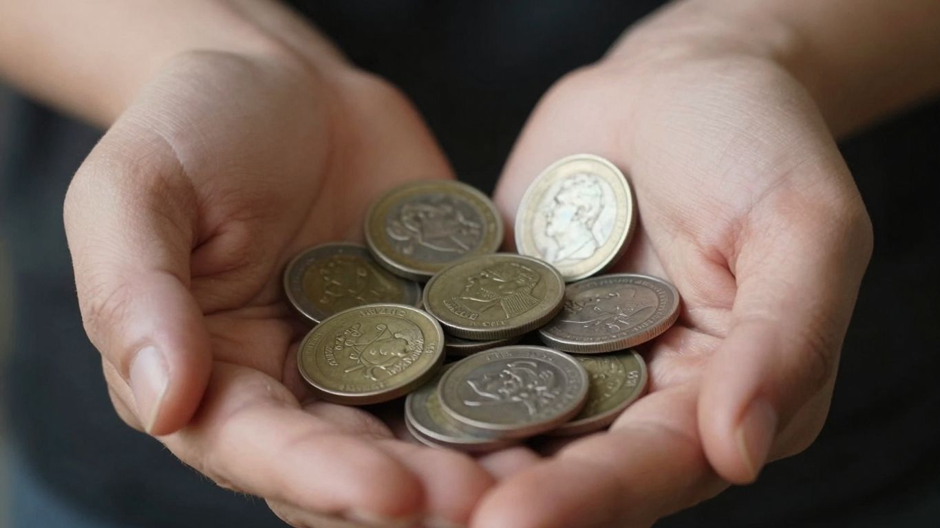 Hands carefully holding various detailed coins.