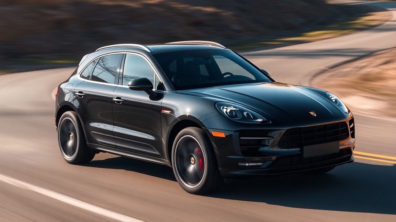 All-electric Porsche Macan GTS driving on a road.