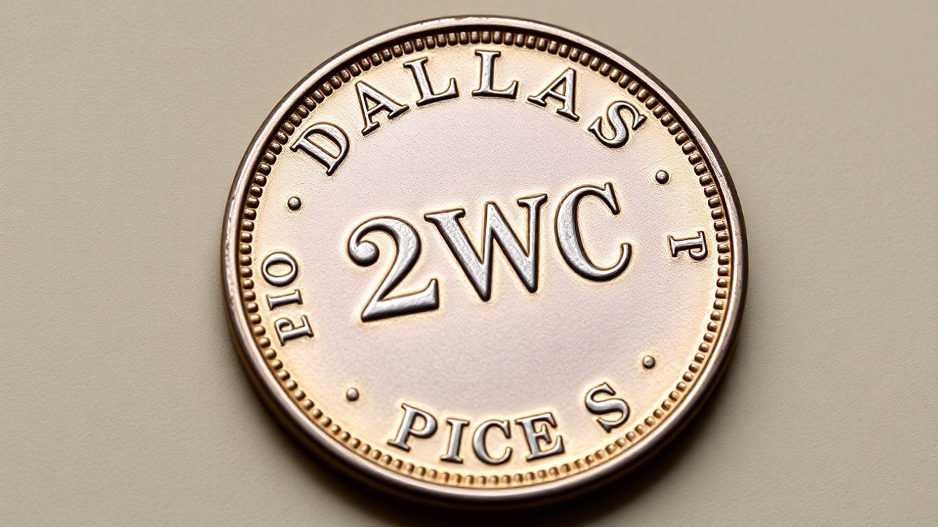Close-up of a Dallas two-cent piece coin.