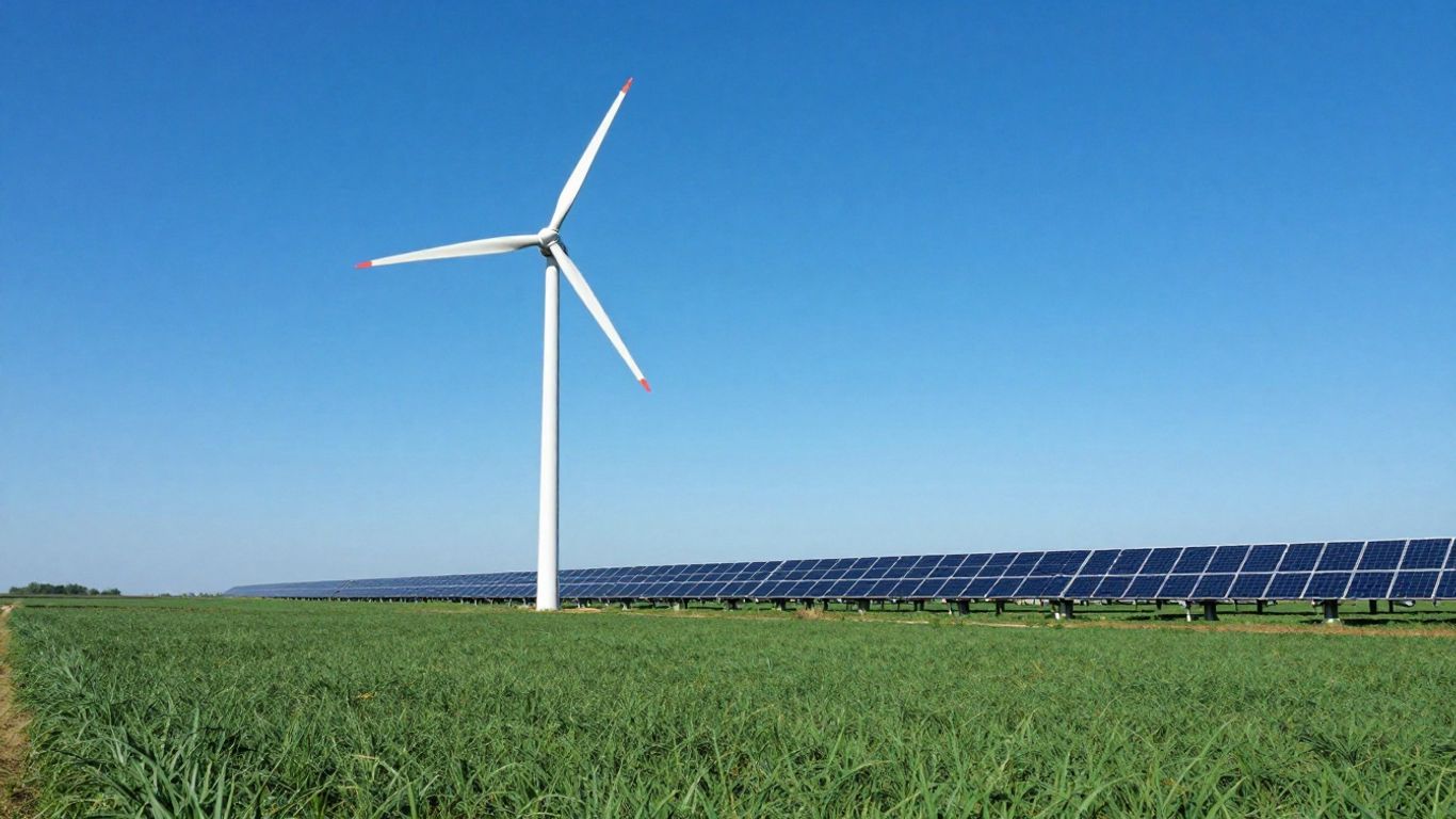 Turbine eoliană și panouri solare pe un câmp verde.