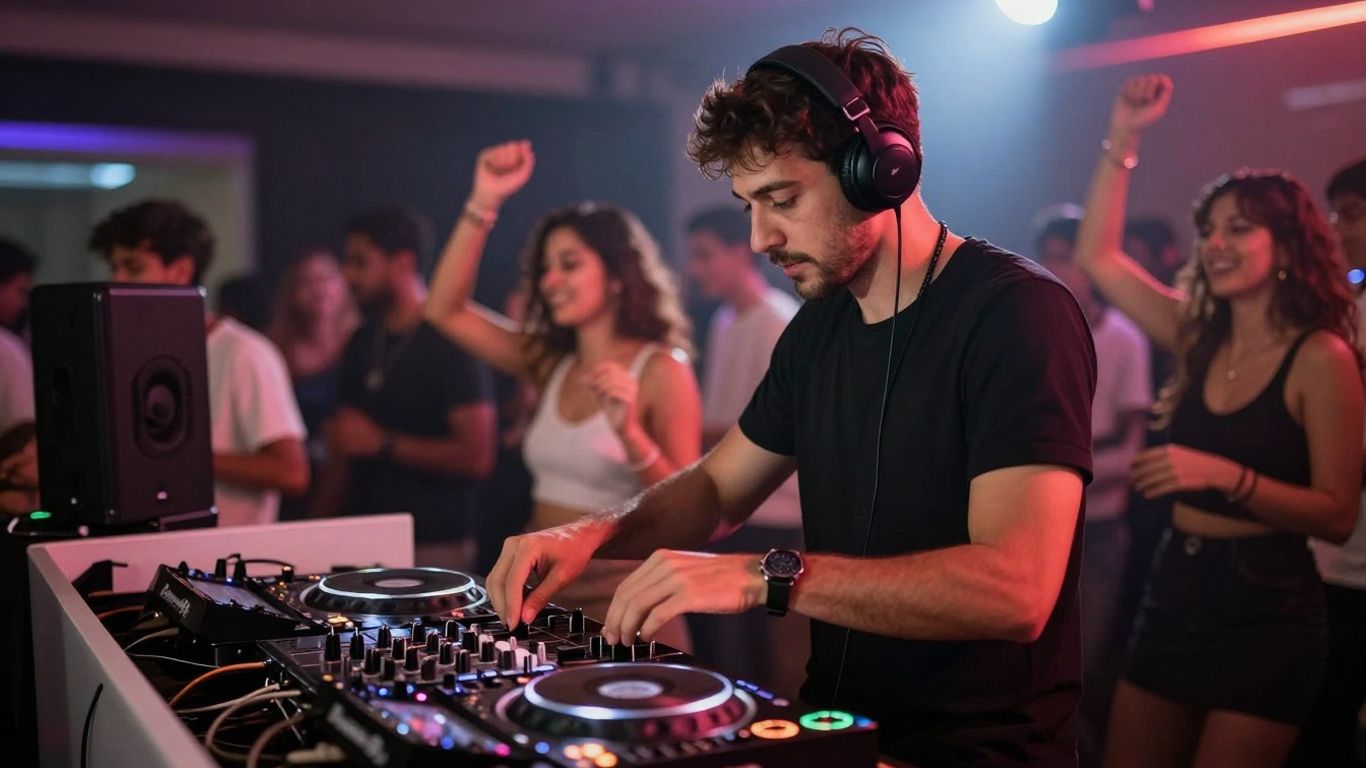 Professional DJ performing at a lively event.
