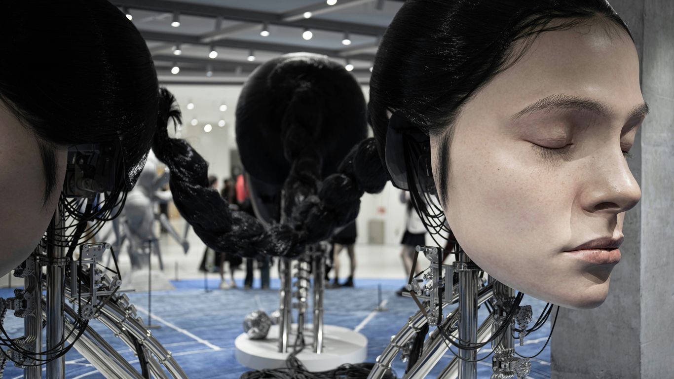 A group of mannequins with headphones on