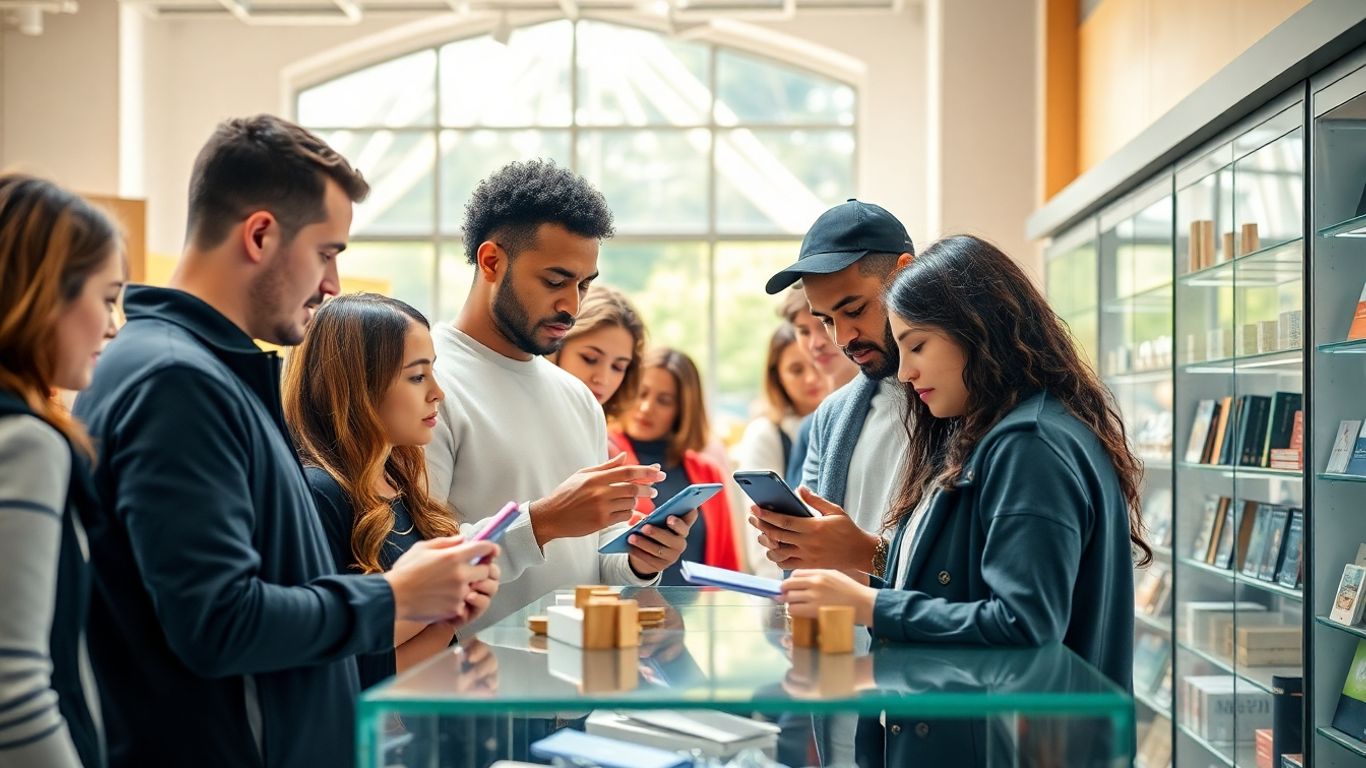 People observing products in a well-lit store.