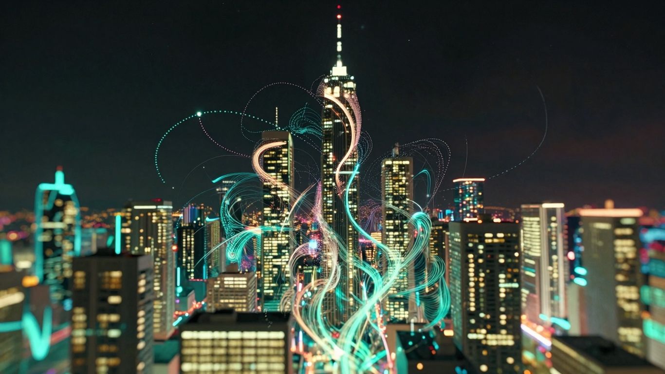 Futuristic cityscape with swirling digital particles.